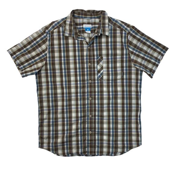 Columbia Shirt Mens L Large Brown Blue Decoy Rock Omni Wick Plaid Short Sleeve - Picture 1 of 11